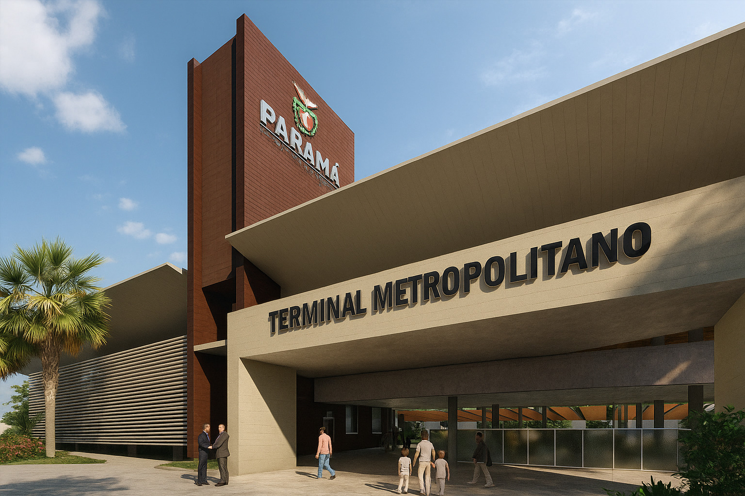 Fachada realista do Terminal Metropolitano do Paraná com pessoas caminhando e céu azul ao fundo.