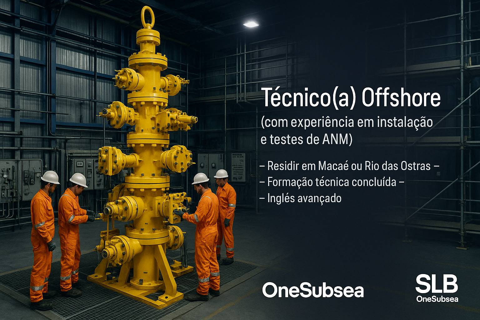 Técnicos offshore da OneSubsea operando ANM em galpão industrial com destaque para vaga em Macaé