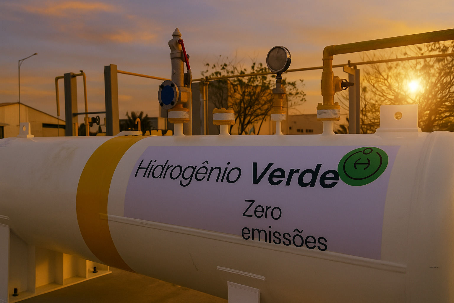 Tanque de hidrogênio verde com iluminação suave ao entardecer em ambiente industrial.