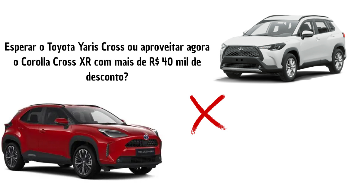 Corolla Cross XR com desconto exclusivo para PcD ou esperar pelo novo Yaris Cross? Veja comparação e tire suas dúvidas antes de decidir. (Imagem: Reprodução/Canva)