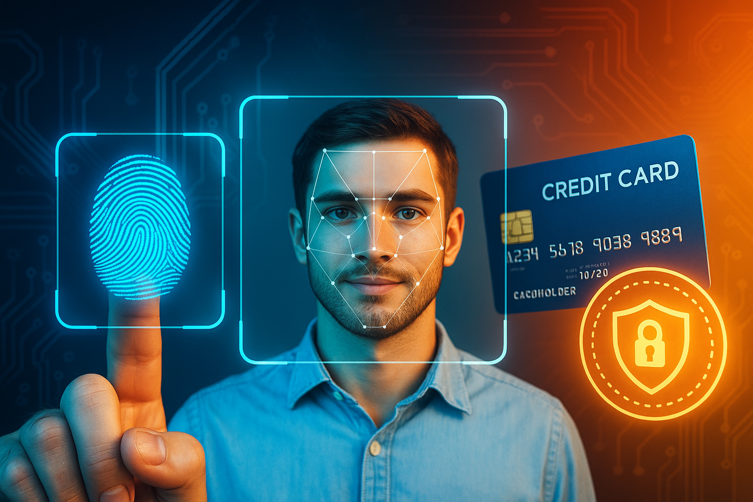 Pessoa usando biometria, tokenização e passkeys em autenticação digital com ícones de segurança ao redor