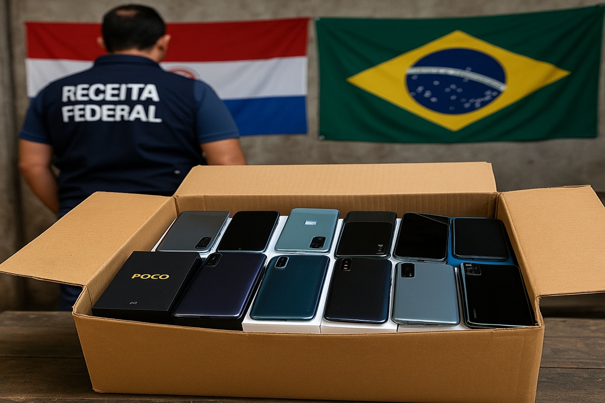 Agente da Receita Federal inspeciona caixas de celulares contrabandeados do Paraguai na fronteira com o Brasil