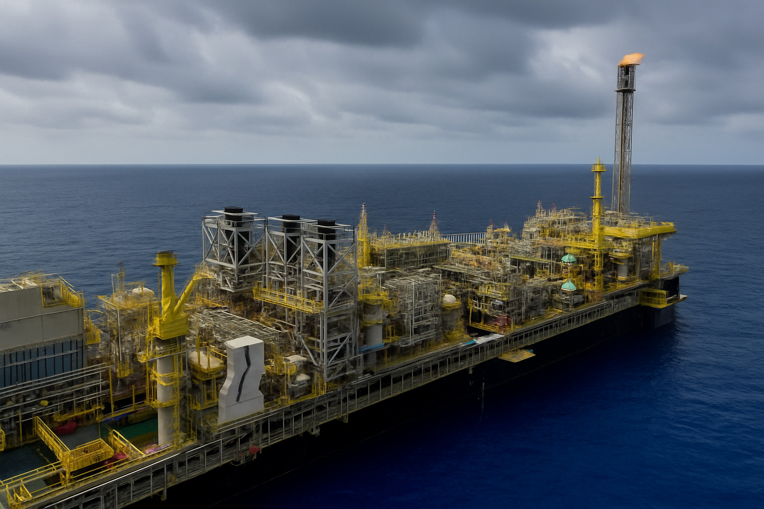 Plataforma de petróleo no mar com céu nublado e mar azul ao fundo.