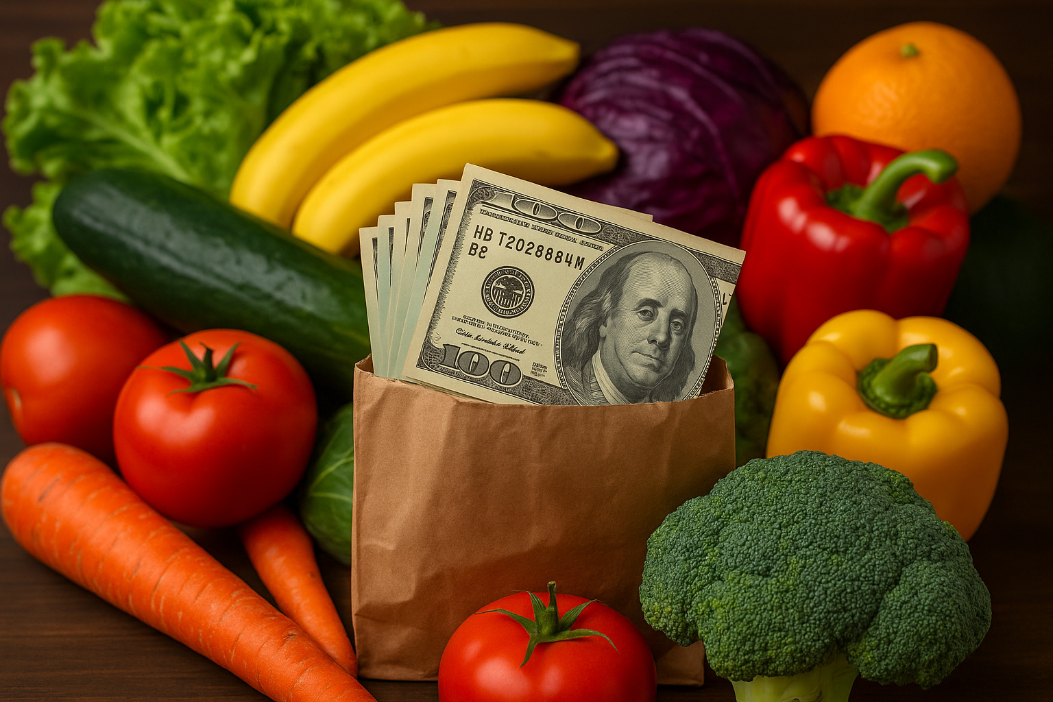 Saco de compras com dólares entre frutas e legumes frescos, representando impacto econômico nos preços dos alimentos