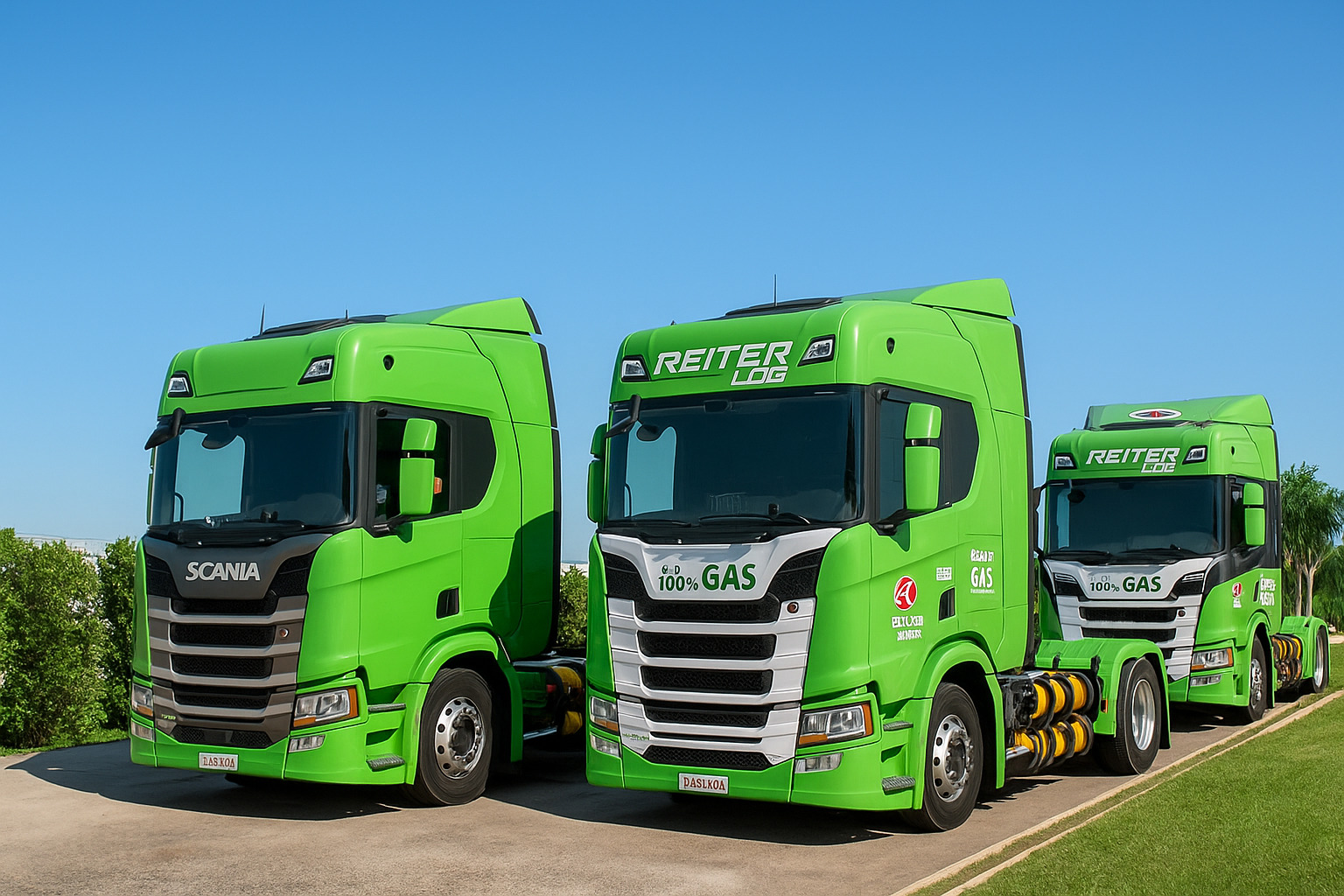 Três caminhões Reiter alinhados em estrada sob céu azul