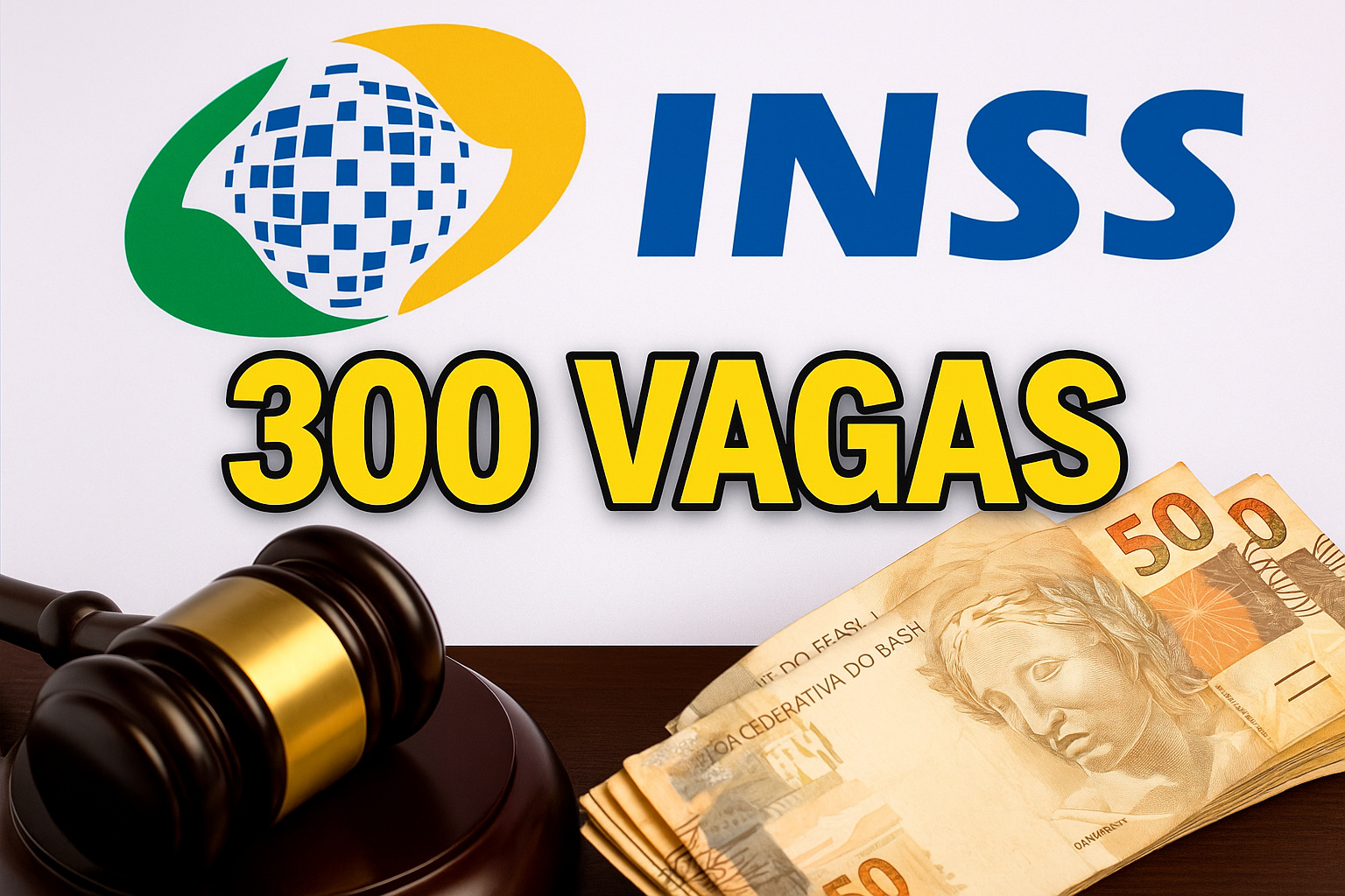 Imagem ilustrativa do concurso INSS com 300 vagas abertas, dinheiro em notas de 50 reais, martelo de juiz e logotipo do INSS.