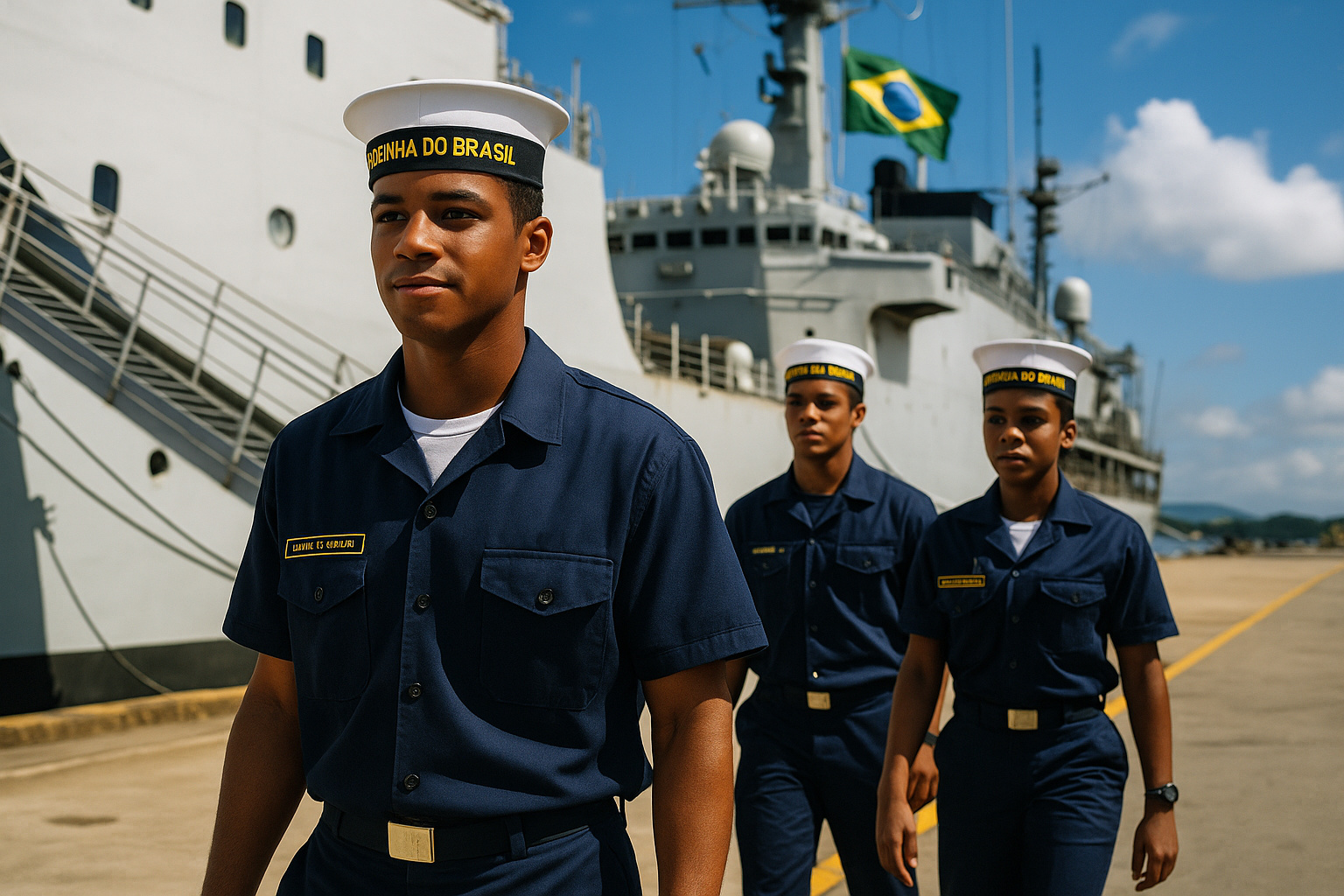 Jovens candidatos da Marinha do Brasil em uniforme próximo a navio militar com bandeira nacional ao fundo