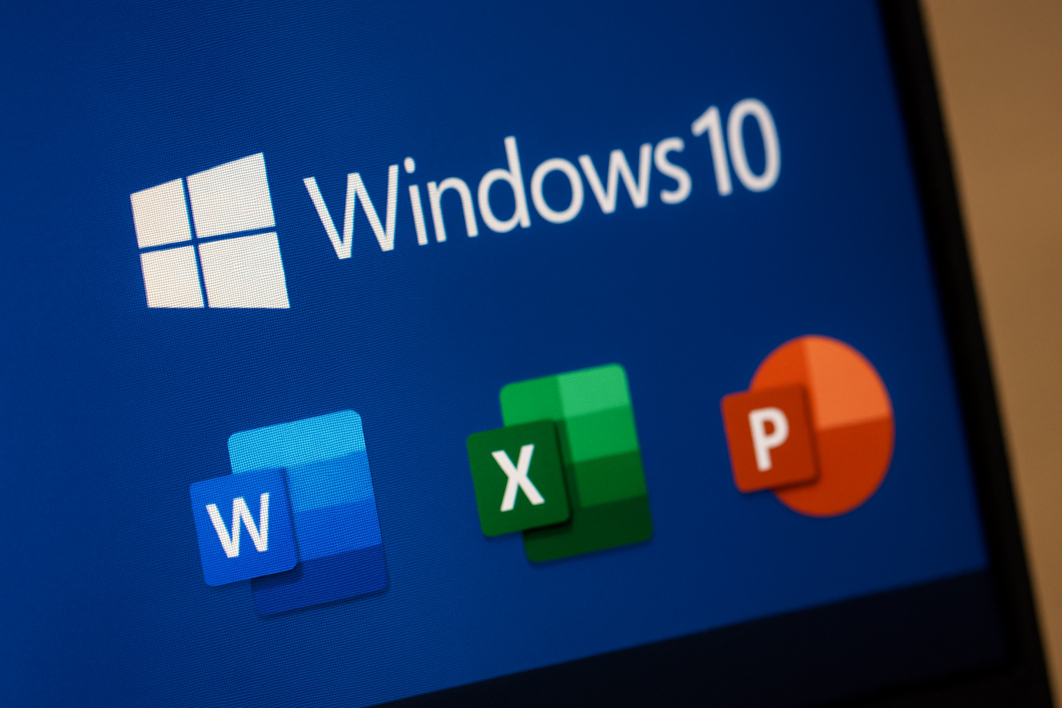 Ícones do Word, Excel e PowerPoint sob o logotipo do Windows 10 em tela de computador