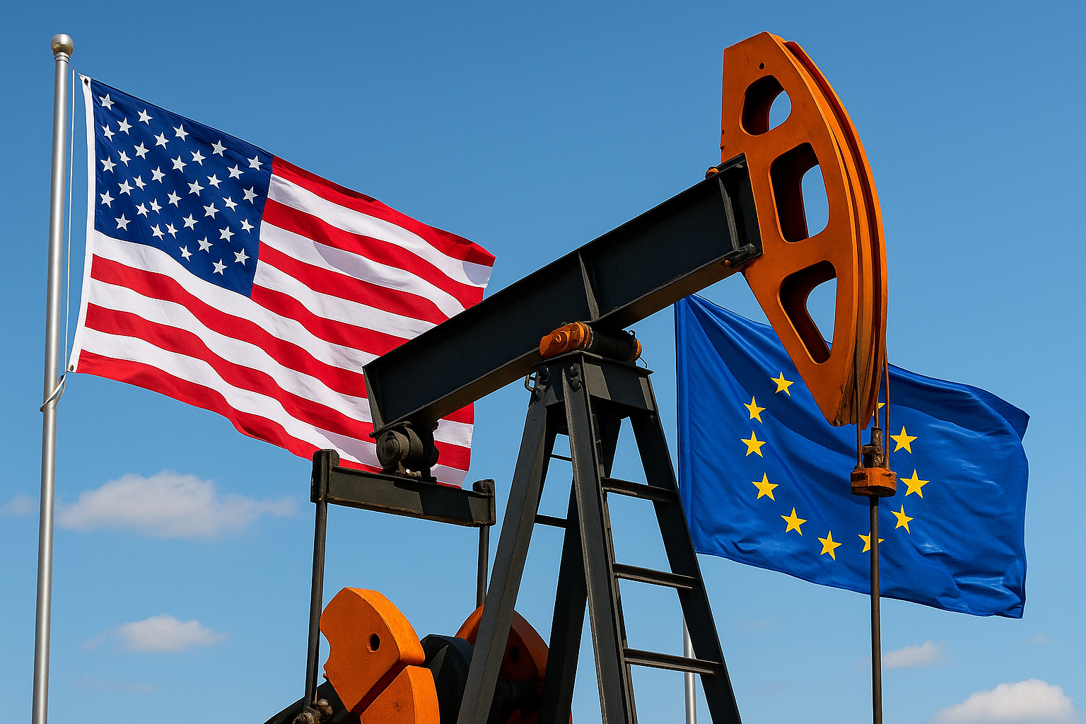 Bomba de extração de petróleo com bandeiras dos EUA e União Europeia ao fundo em céu azul