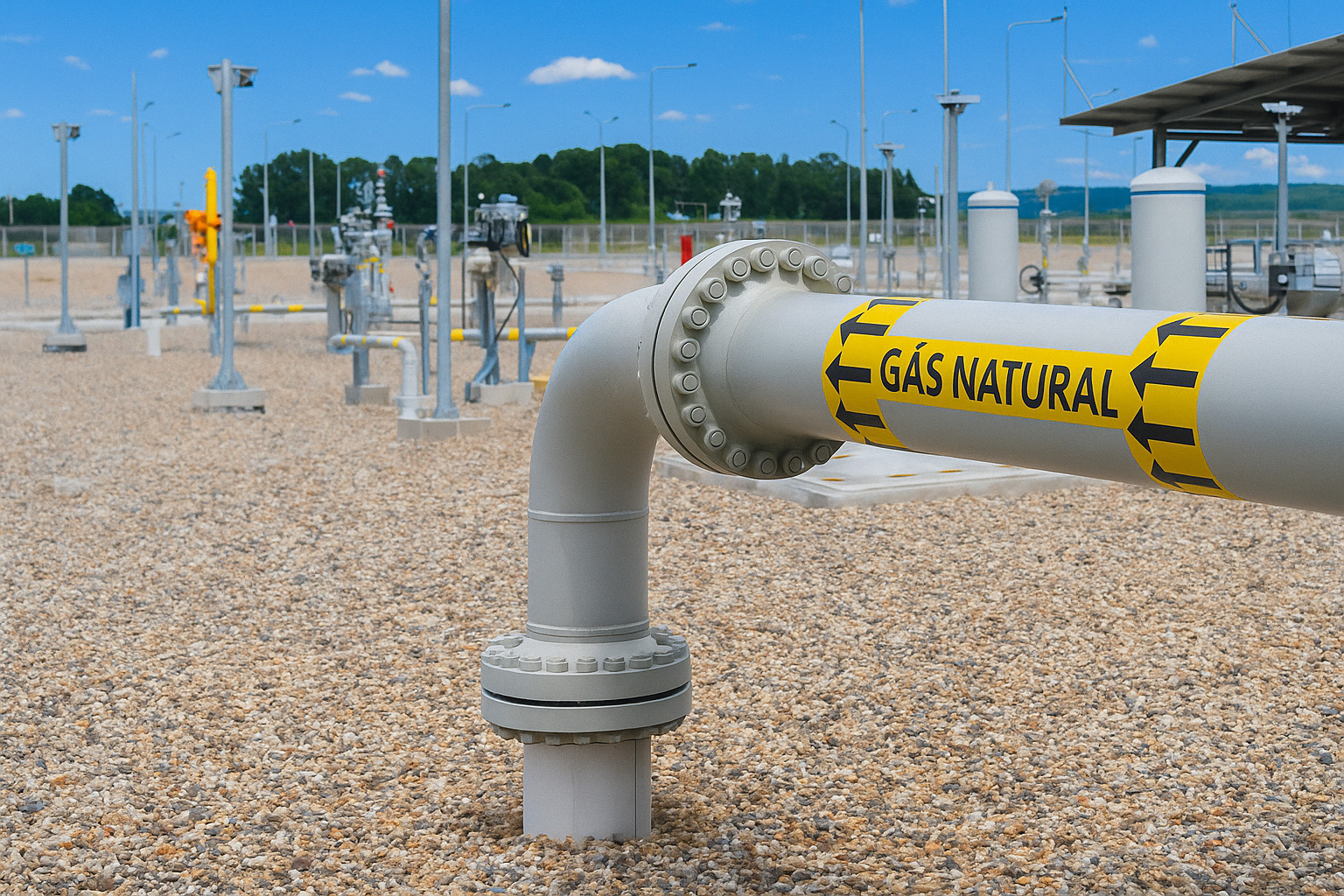 Cano cinza com inscrição "GÁS NATURAL" em amarelo e seta preta, em área industrial ao ar livre.