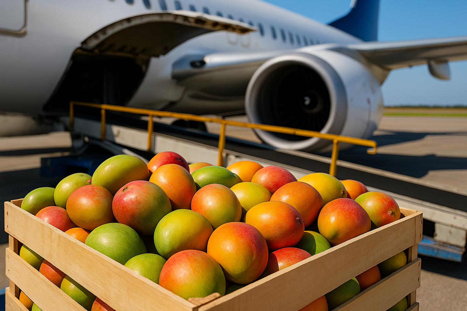 Caixa de mangas frescas ao lado de avião de carga prestes a ser embarcada