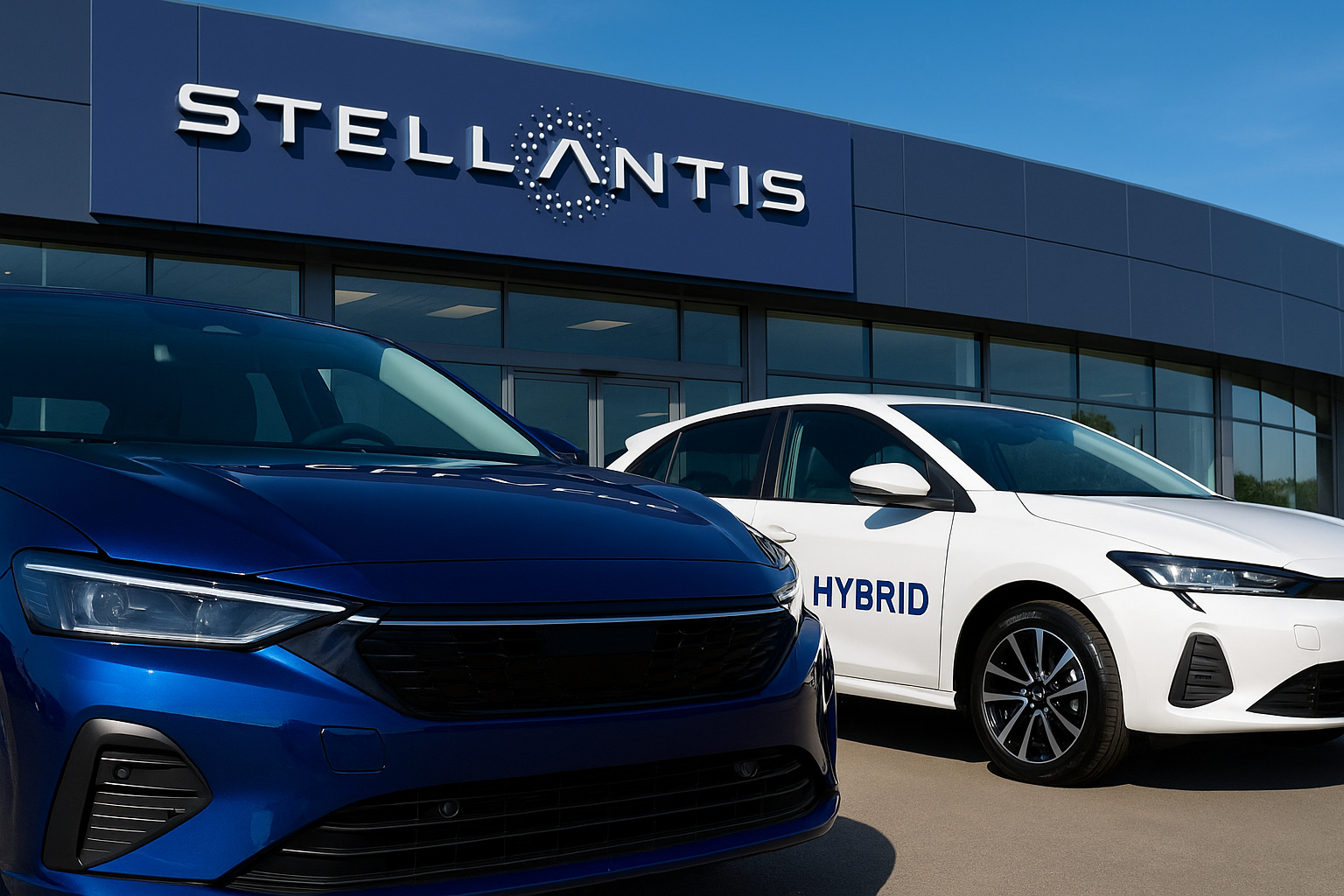 Carros híbrido e elétrico da Stellantis em frente a concessionária moderna com destaque para mobilidade sustentável