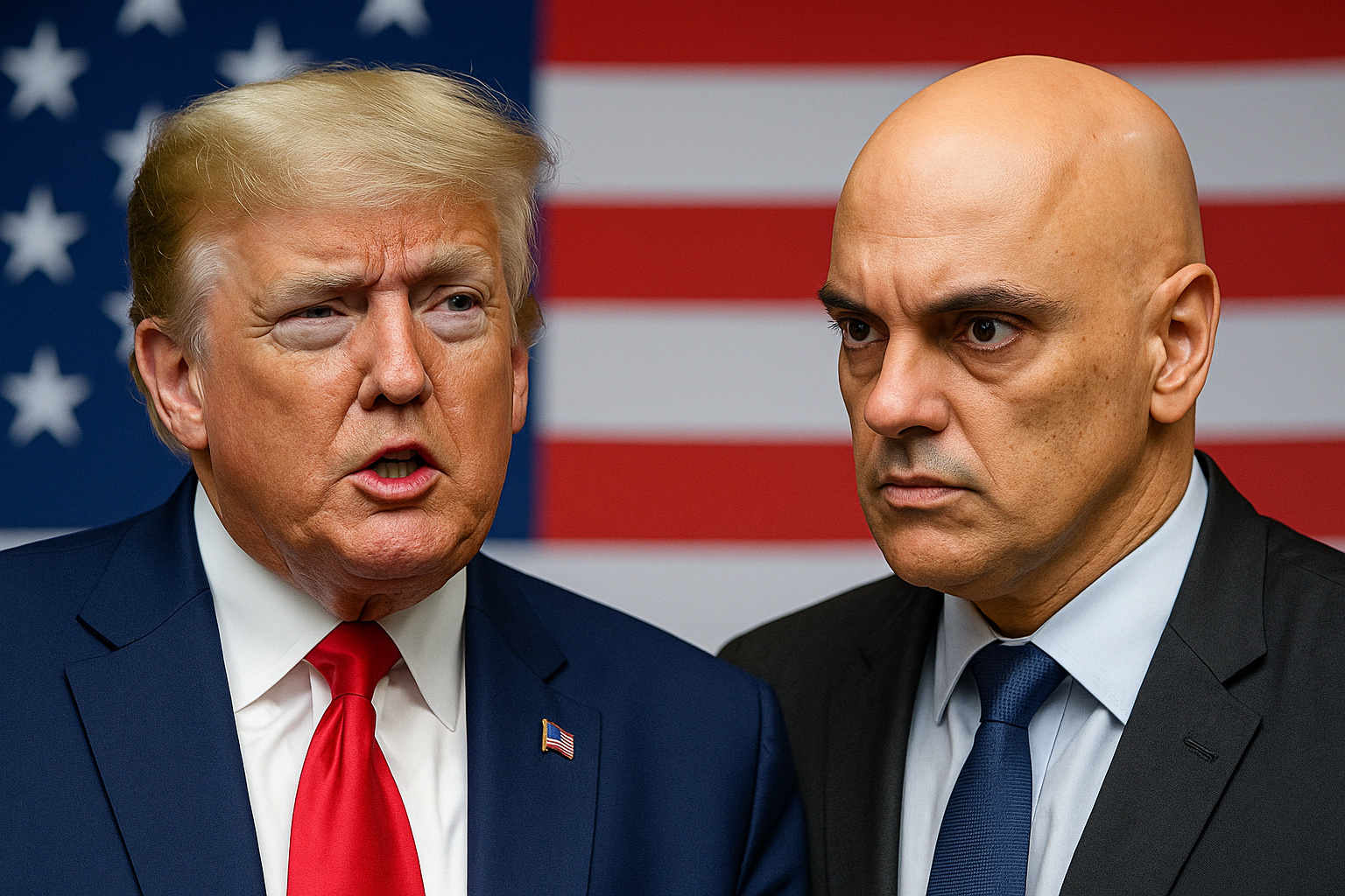 Donald Trump e Alexandre de Moraes em frente à bandeira dos EUA simbolizando a tensão judicial internacional.