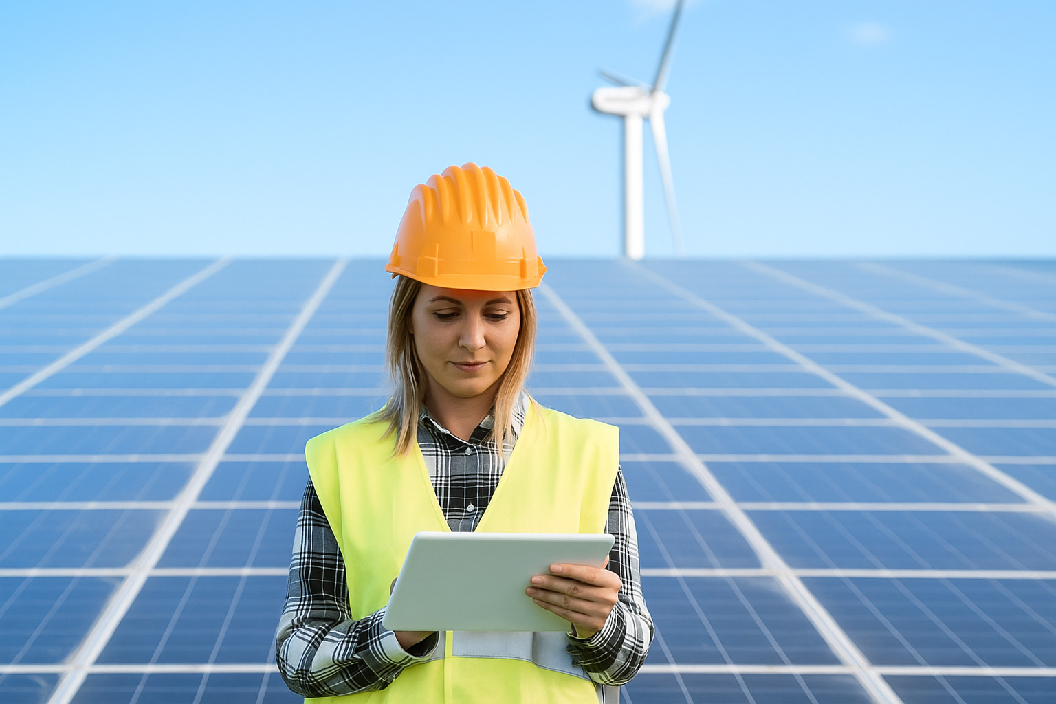 tão os metadados da imagem: Texto alt: Mulher engenheira com capacete e colete refletivo analisando dados em tablet em frente a painéis solares.