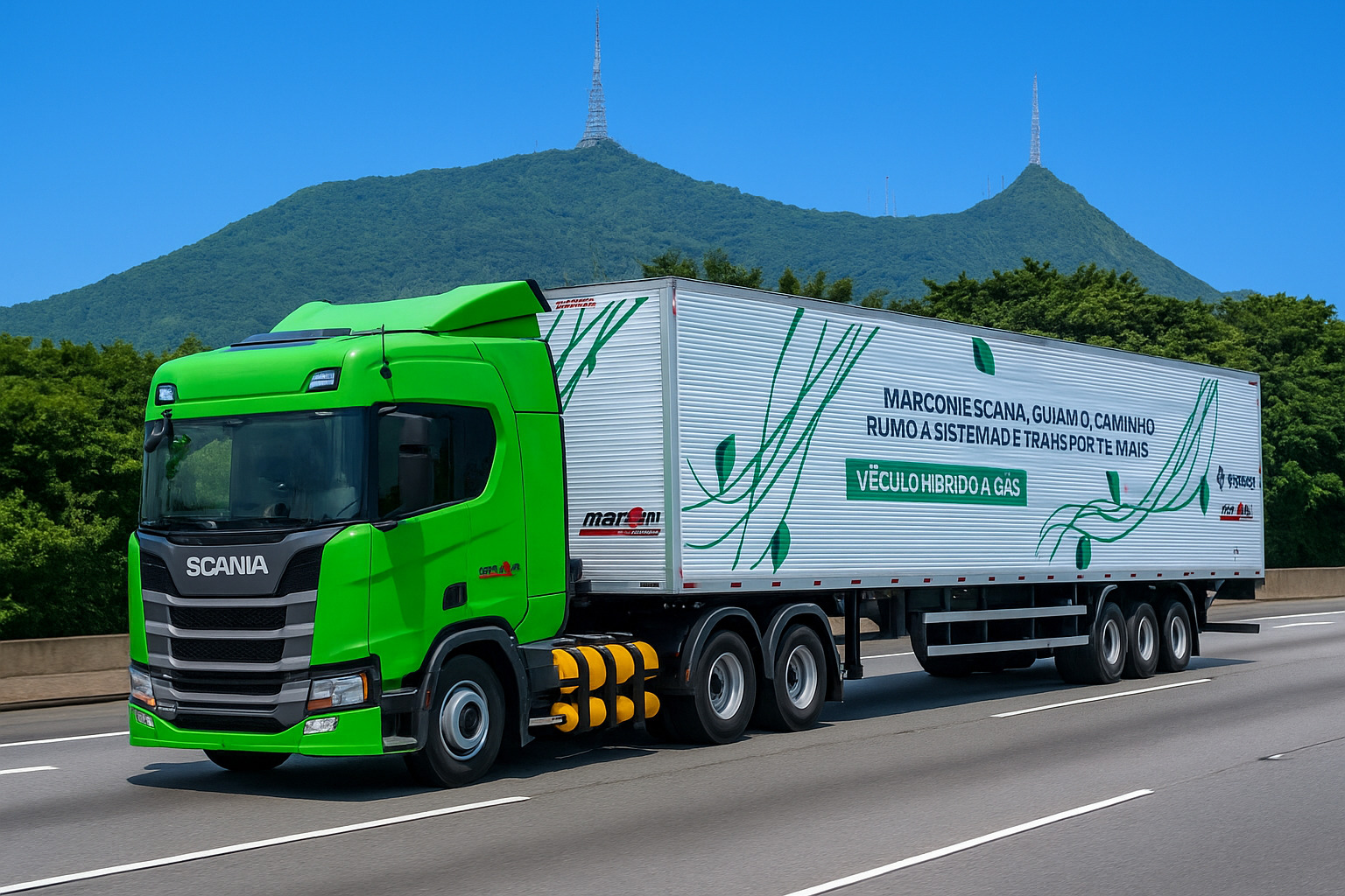 Caminhão Scania verde movido a gás natural em rodovia com céu azul e limpo ao fundo