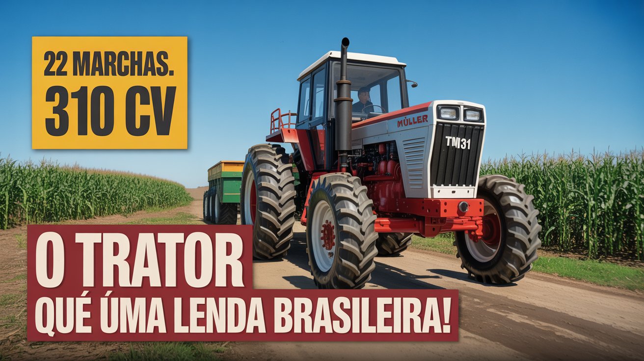 Descubra a história do MÜLLER TM31, o trator brasileiro com câmbio de 22 marchas e motor de 310 cv que revolucionou a mecanização agrícola. (Imagem: ilustração IA)