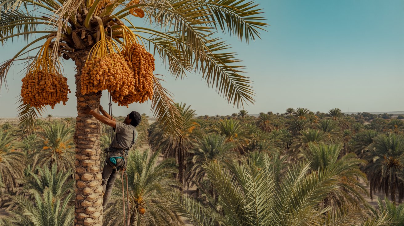 Colheita de tâmaras em palmeiras altas sob sol intenso no deserto, com trabalhadores em cordas e guindastes