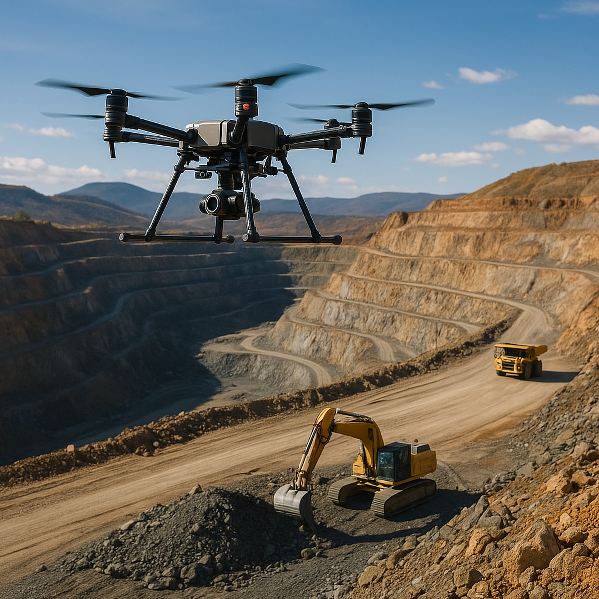 Drone sobrevoando mina a céu aberto com caminhões e equipamentos, representando tecnologia de ponta na mineração brasileira.