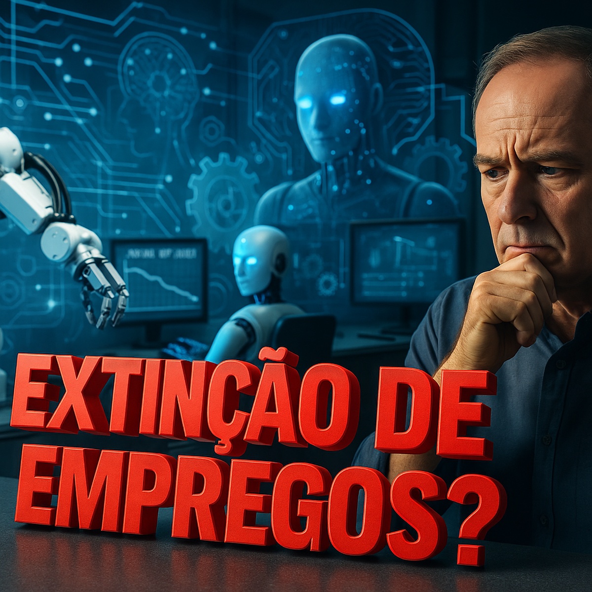 Homem preocupado em escritório moderno observa robôs e gráficos digitais, com a frase 3D “EXTINÇÃO DE EMPREGOS?” em destaque, representando o impacto da inteligência artificial sobre o mercado de trabalho.