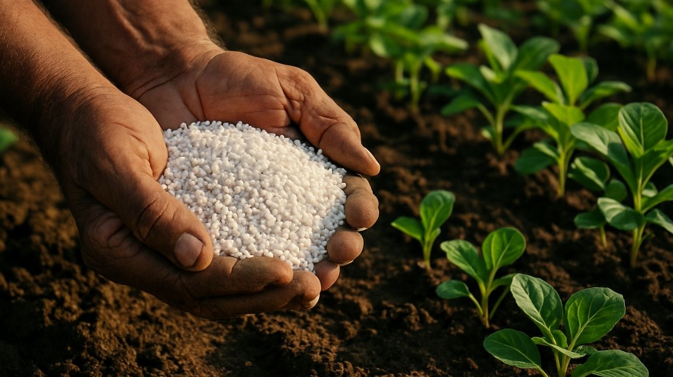 Mãos de agricultor segurando fertilizante granulado branco sobre solo fértil, com mudas verdes ao fundo em plantação agrícola.