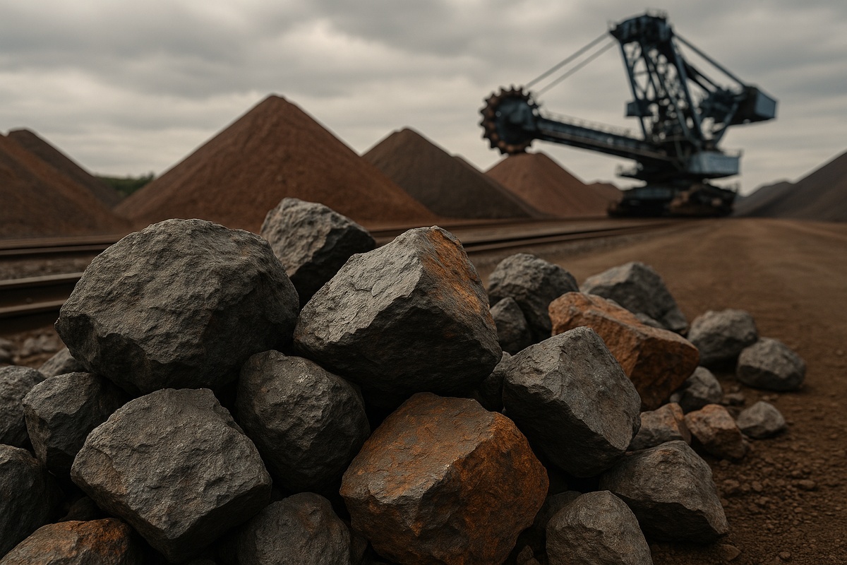 Pilhas de minério de ferro bruto em terminal industrial com escavadeira ao fundo na China