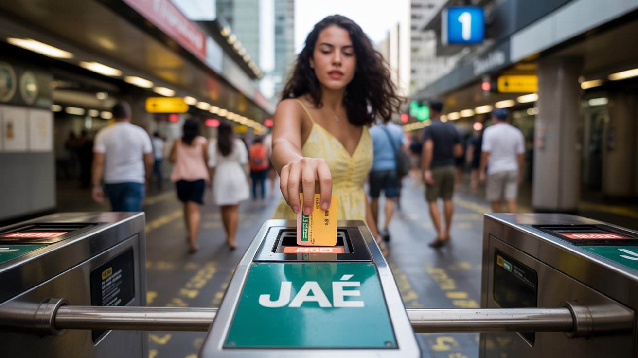 Cartão Jaé sendo utilizado em estação do metrô do Rio para obter desconto na integração com BRT e ônibus.