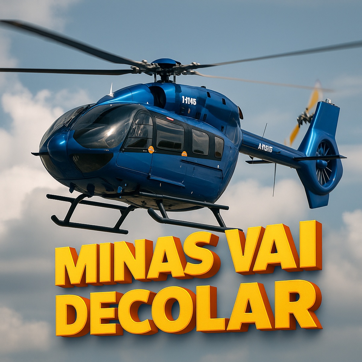 Helicóptero H145 da Helibras em voo com frase Minas Vai Decolar em 3D