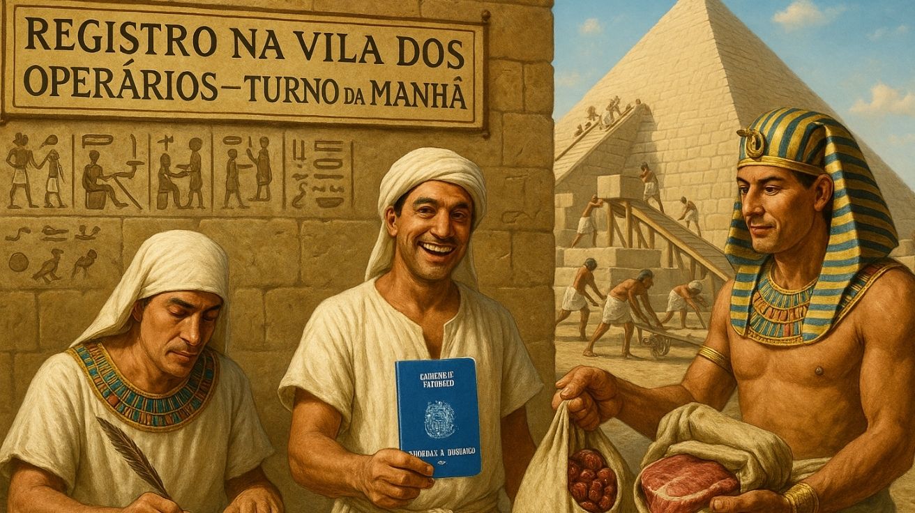 quem construiu as pirâmides? Trabalhador egípcio sorridente com carteira de trabalho azul recebe salário em alimentos de supervisor, com escriba anotando registro e pirâmide ao fundo