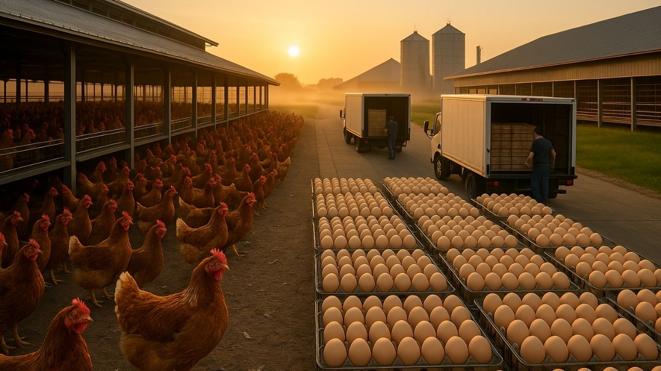 Fazenda de galinhas no Brasil com produção de ovos em escala industrial, galpões automatizados, caminhões e silos agrícolas ao amanhecer