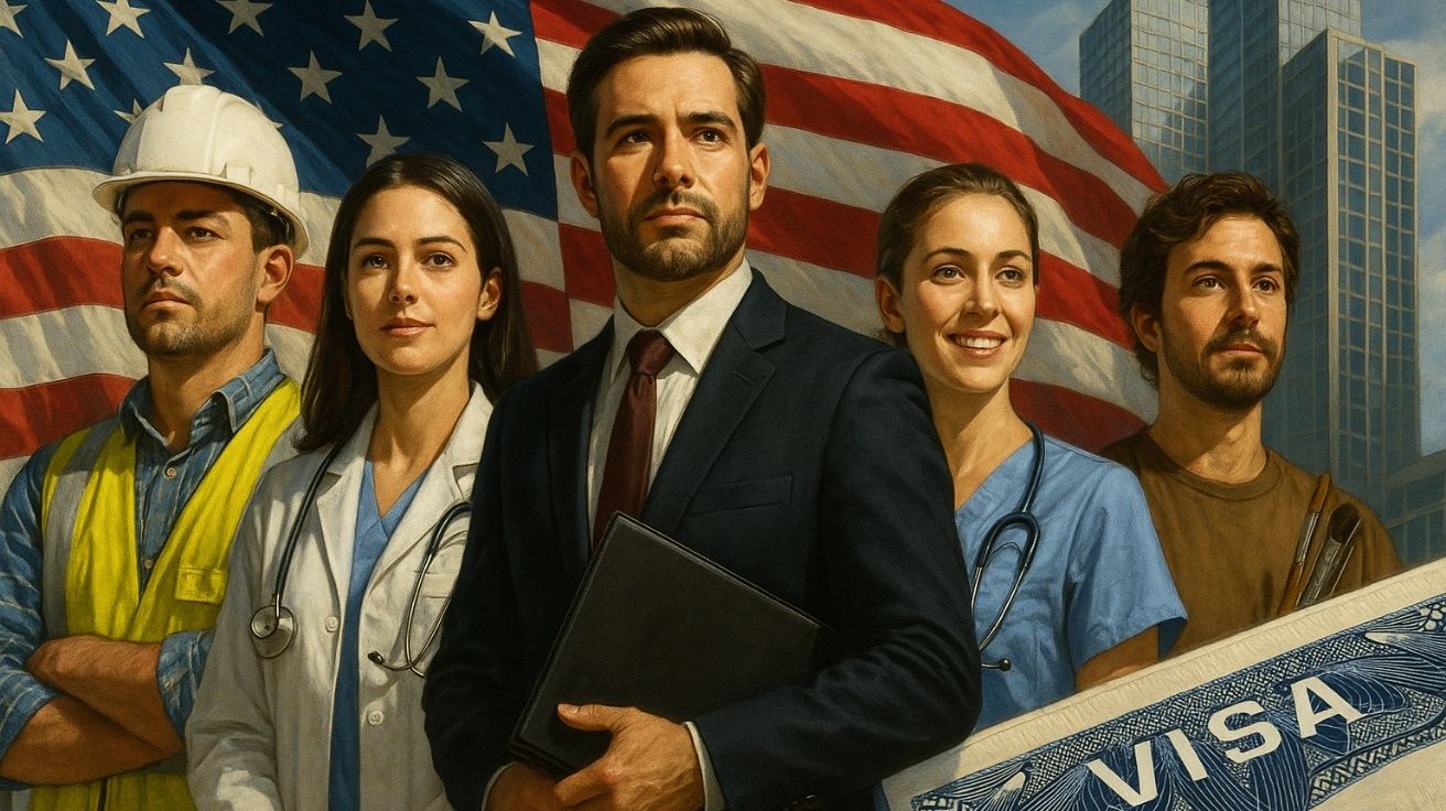 Profissionais brasileiros de várias áreas em frente à bandeira dos EUA, simbolizando as profissões com mais chances de visto e Green Card para trabalhar nos EUA.