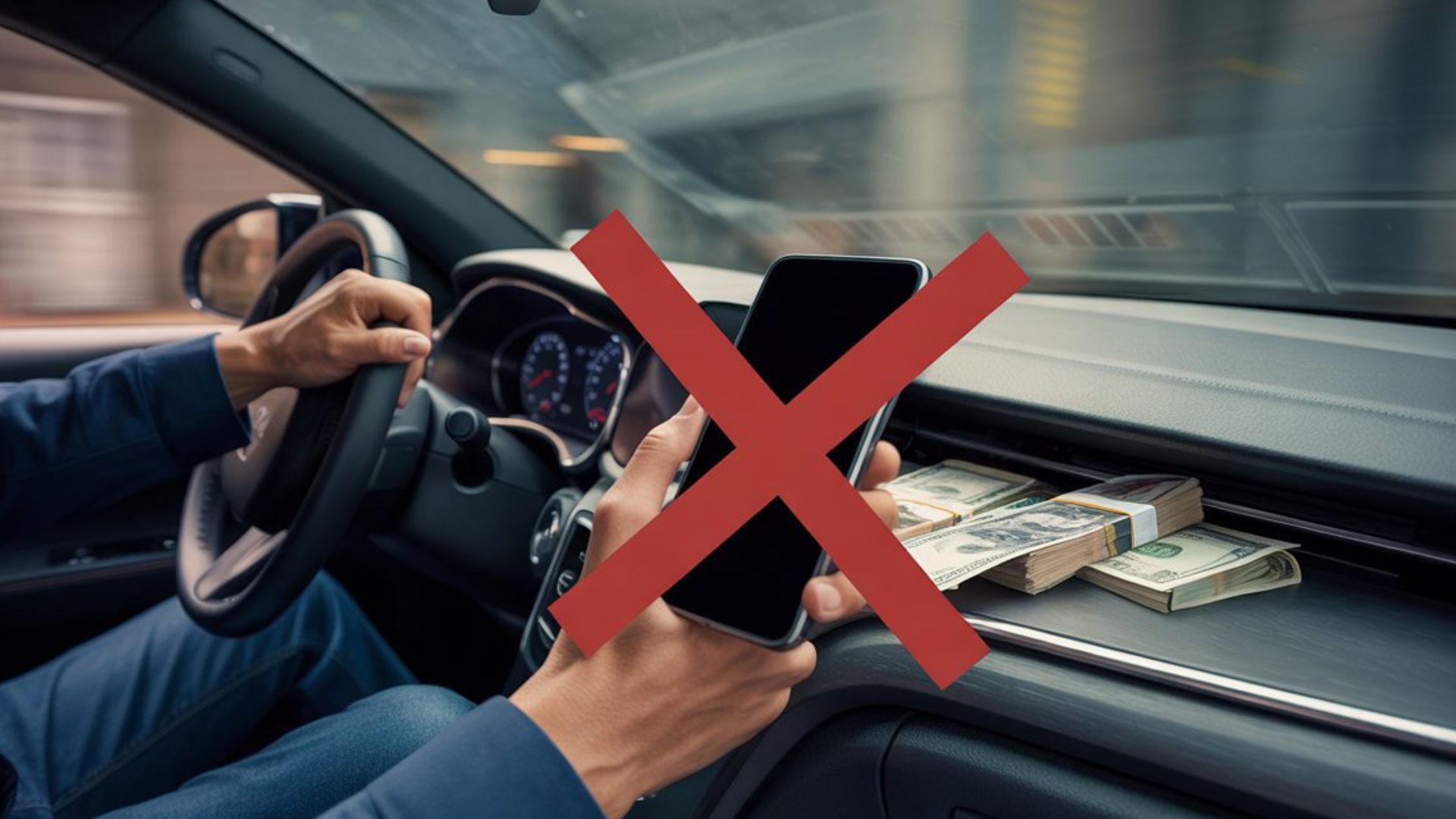 Motorista segurando celular em carro parado no semáforo, flagrado por policial