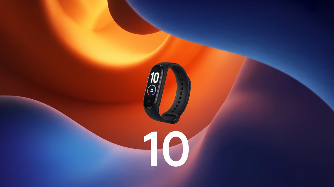 Smart Band 10 da Xiaomi e Redmi Pad 2 em destaque sobre superfície de madeira, com cores variadas e tela ligada.