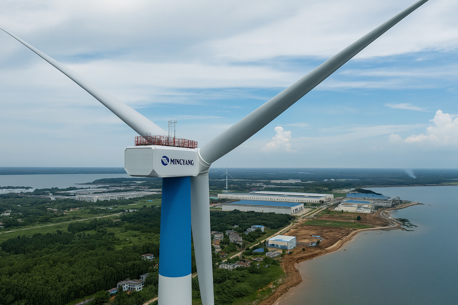 Turbina eólica gigante Mingyang de 20 MW em Hainan, China, vista aérea sobre costa industrial e área verde.