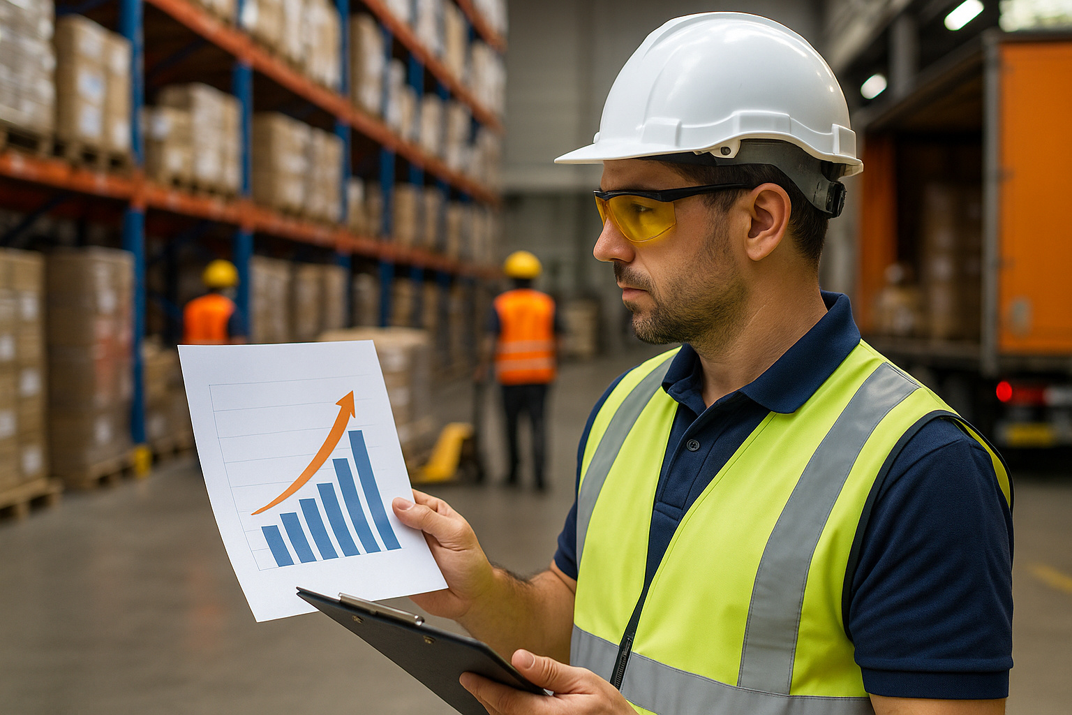 Funcionário de logística analisa gráfico de crescimento de empregos em galpão moderno com empilhadeiras e caixas.