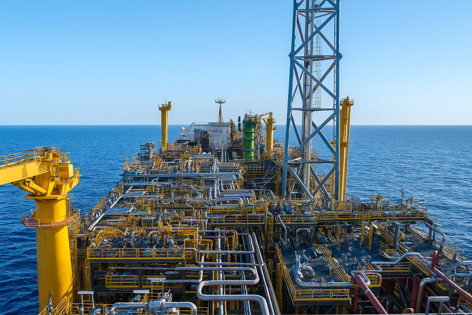 Plataforma de petróleo offshore em operação durante o dia, sob um céu limpo e ensolarado.