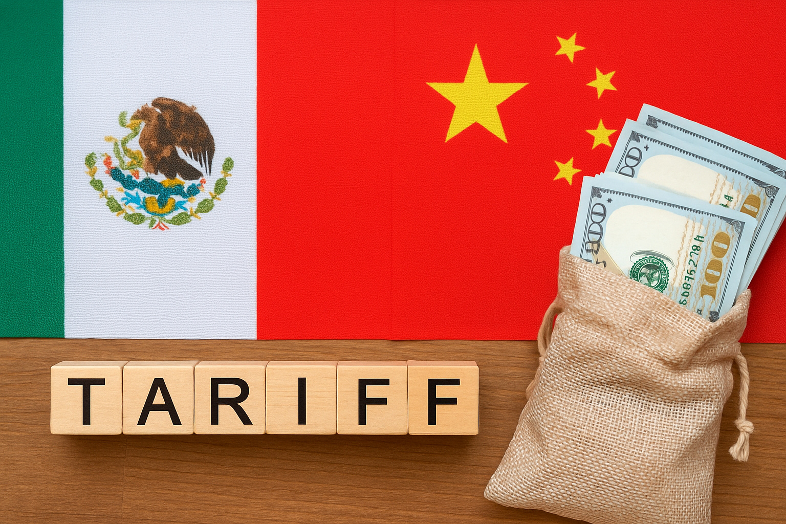 Bandeiras da China e do México com blocos escritos “Tariff” e saco de dólares simbolizando disputa tarifária e tensões comerciais em 2026