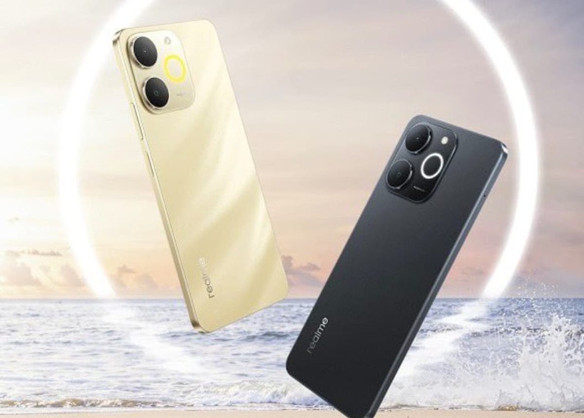 Dois smartphones Realme flutuando sobre cenário de praia ao entardecer, com foco nas câmeras traseiras.