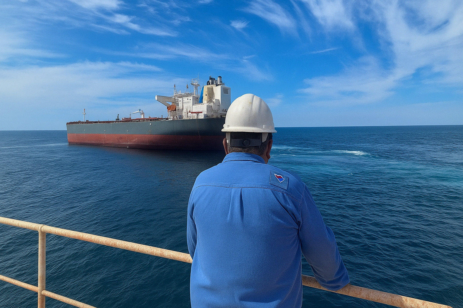 Trabalhador da indústria naval observa um navio cargueiro em alto-mar sob céu azul com nuvens.