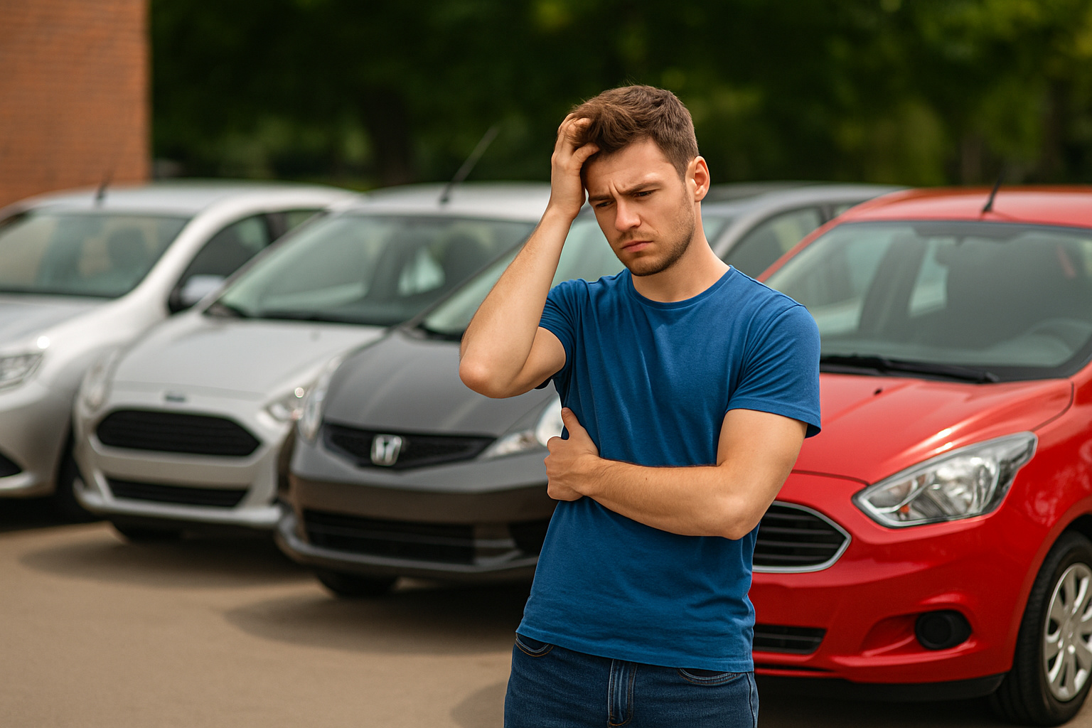 Jovem recém-habilitado em dúvida entre carros usados populares como Logan, Fit e Ford, simbolizando a escolha do primeiro carro em 2025.