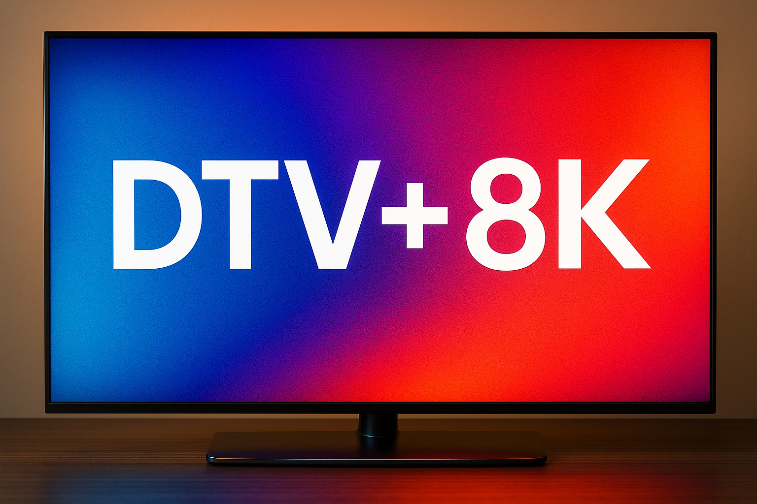 TV ultrarrealista exibindo a frase DTV+ 8K em tela colorida, representando a chegada da TV 3.0 ao Brasil