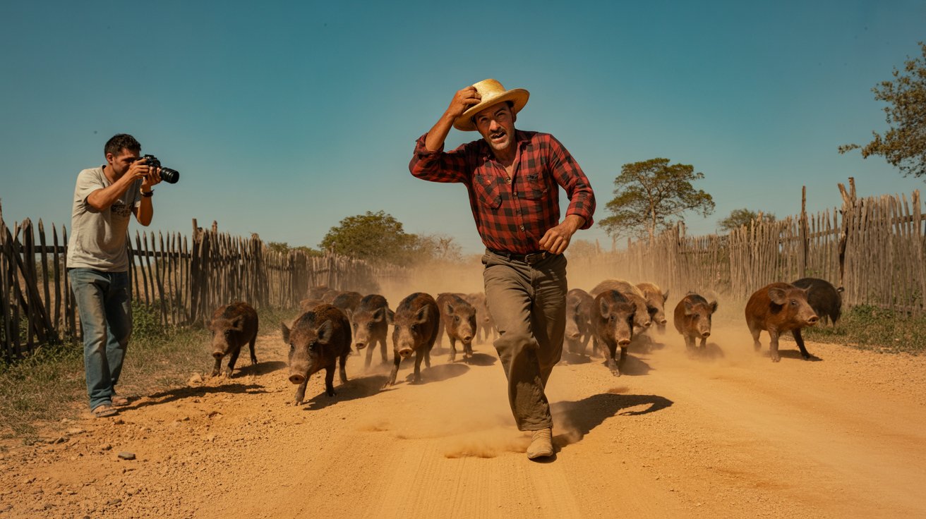 Bando de javalis correndo em direção a fazendeiro em estrada de terra, com outro homem fotografando à esquerda e poeira levantada ao fundo.