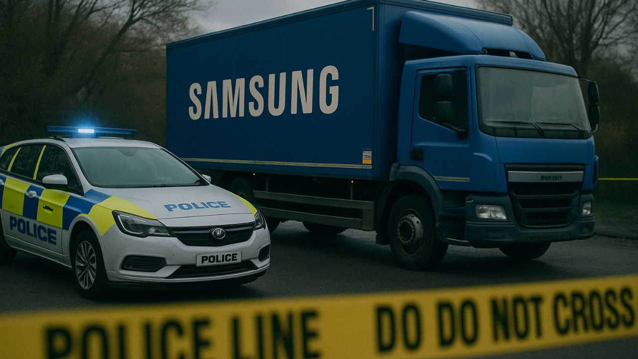 Criminosos interceptam entrega da Samsung carregada com Galaxy Z Fold 7, Z Flip 7 e outros dispositivos. Caminhão roubado estava no Reino Unido e a carga estava avaliada em mais de R$ 59 milhões. Fonte: gerado por IA