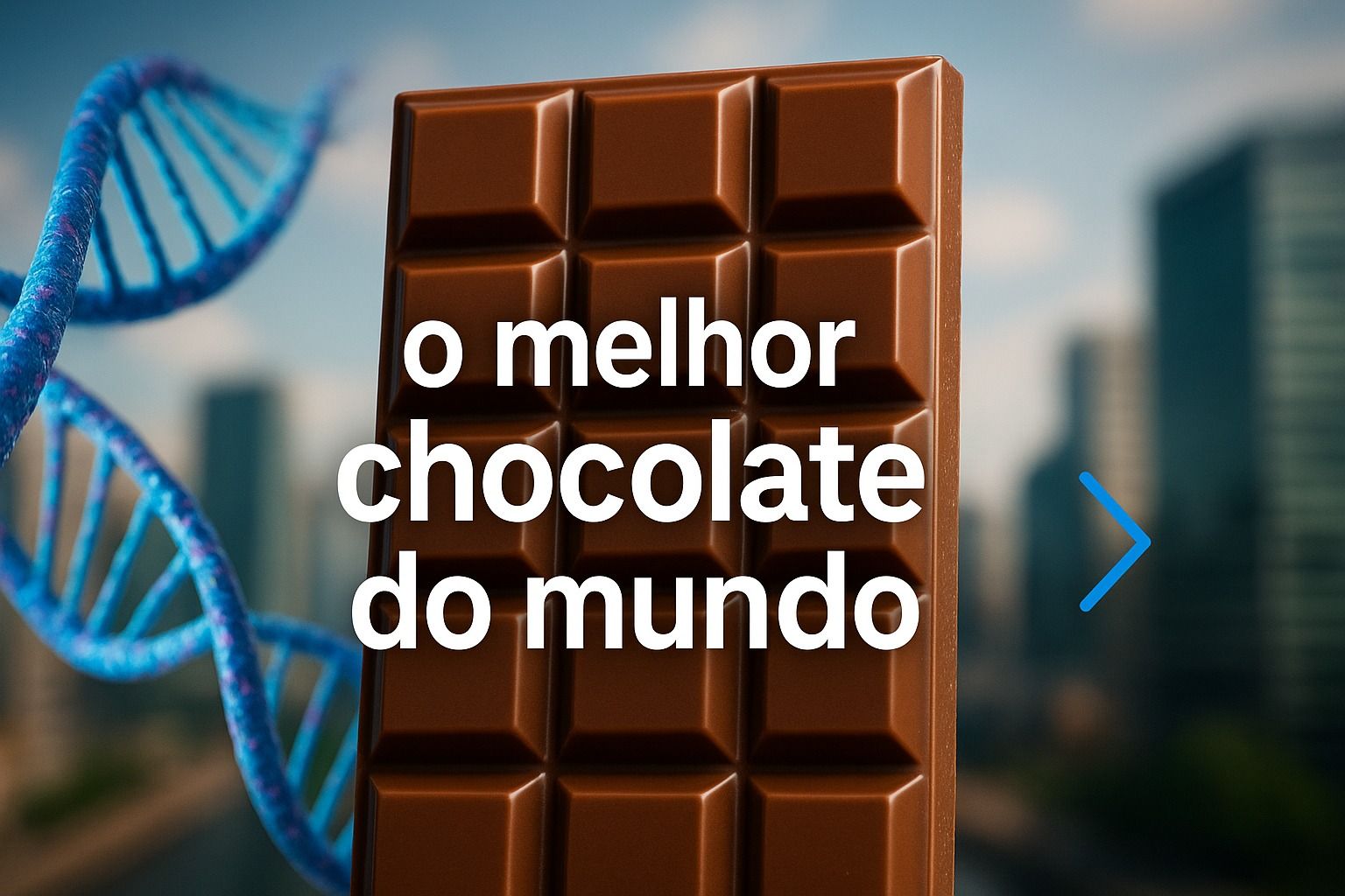 Barra de chocolate em destaque com hélice de DNA ao fundo, representando estudo científico sobre o cacau.