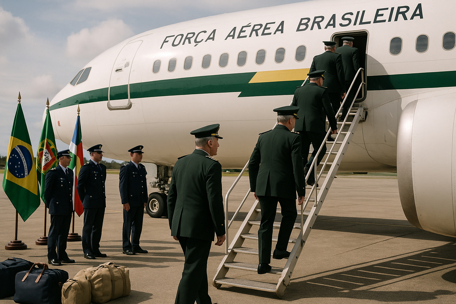 Militares brasileiros embarcando em aeronave da Força Aérea em missão internacional.