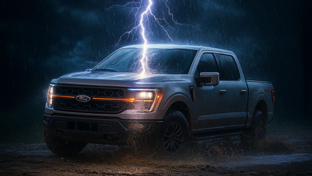 Ilustração gerada por IA de uma Ford F-50 sendo atingida por um raio.