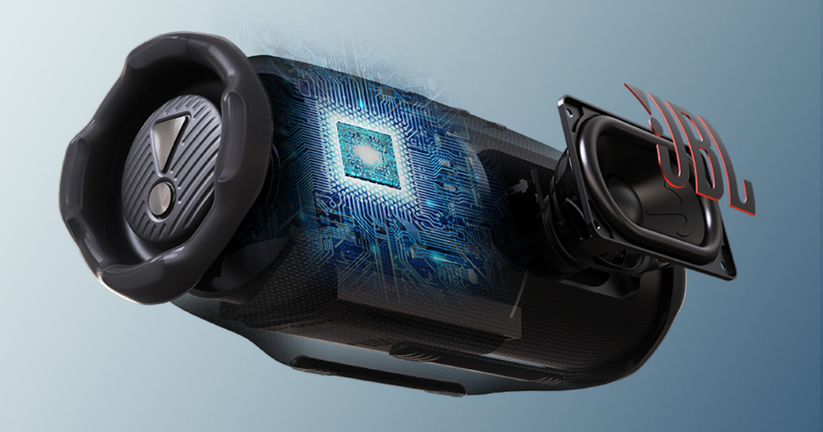 JBL Charge 6 traz 45W de potência, bateria de até 28h, resistência IP68, Bluetooth 5.4 e power bank em corpo portátil.