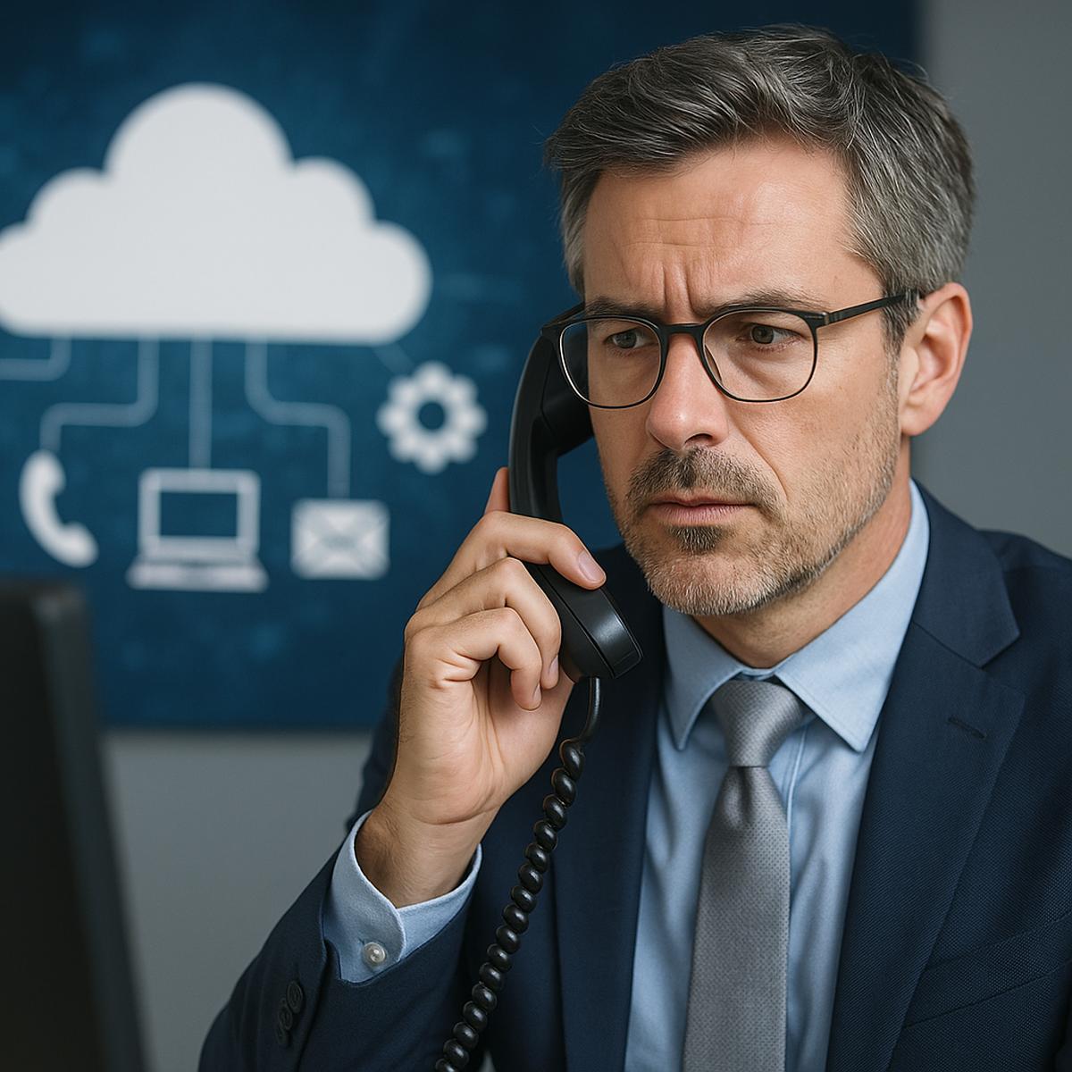 Executivo ao telefone com elementos de computação em nuvem ao fundo representando tecnologia empresarial moderna