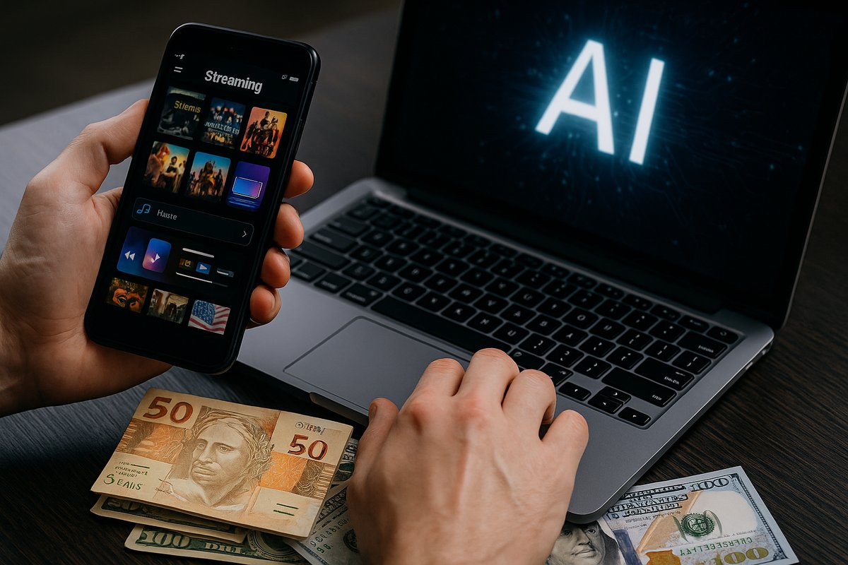 Pessoa usando notebook e smartphone com serviços digitais, notas de dólar e real sobre a mesa, simbolizando consumo de streaming e IA no Brasil.