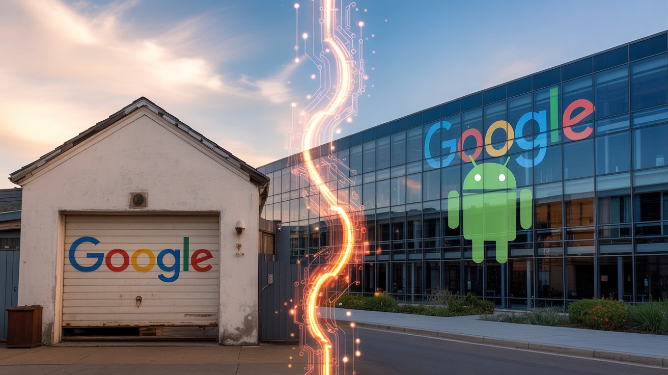 Jovem em 1999 digitando e-mail para Sergey Brin, ao lado de imagem atual como executivo do Android