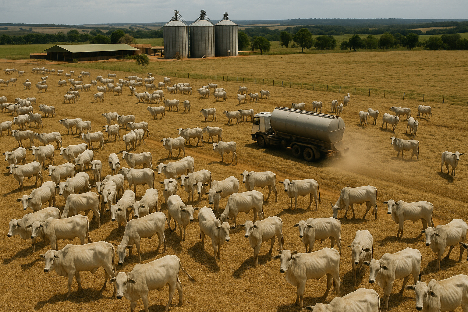 Fazenda Nova Piratininga com rebanho de bois sendo suplementados durante a seca